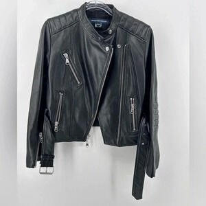 French Connection 100% Real leather jacket Black Motorcycle Look Size 4